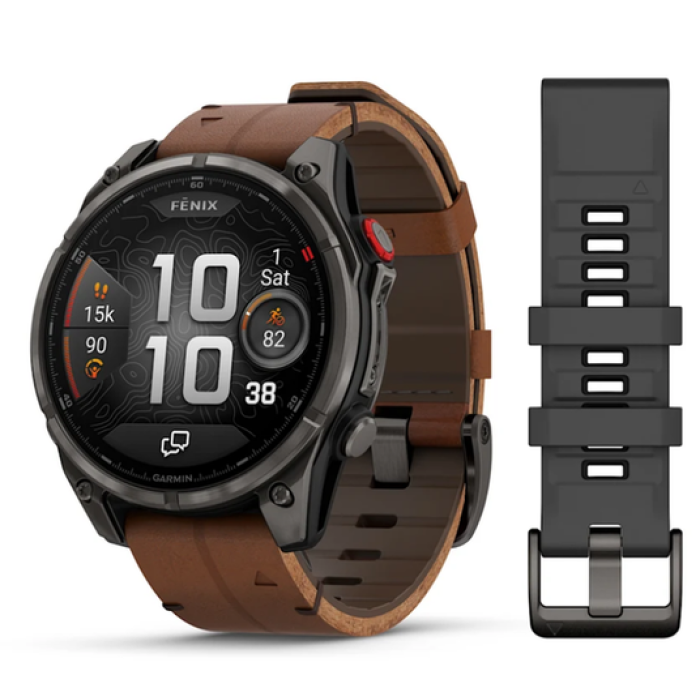 Garmin Fenix 8 Pro 47 mm AMOLED Carbon Gray DLC Titanium with Chestnut Leather Band (010-03198-40)